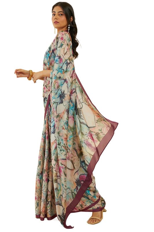 Soch Womens Wine Floral Print Crepe Saree