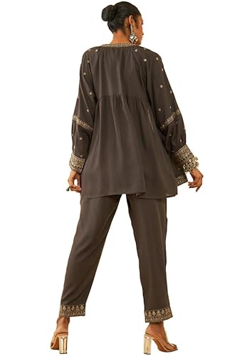 Soch Womens Charcoal Rayon Slub Three-Piece Co-Ord Set with Thread Work