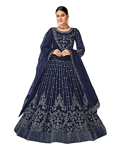 RUDRAPRAYAG Net And Santoon Long Anarkali Gown For Women | Semi Stitched Anarkali Gown For Women | Gown In Clothing & Accessories, Navy Blue