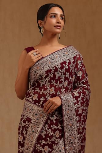 Soch Womens Wine Georgette Embroidered Saree With Stone Work