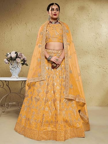 Zeel Clothing Women's Silk Semi-Stitched Thread Sequins Embroidery Bridal New Lehenga Choli with Dupatta (7055-Yellow-Wedding-Bridal-Stylish-Latest; Free Size)