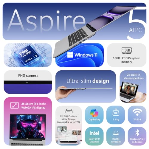 Acer Aspire 5, Intel Core Ultra 5 125H Processor,Office 2024 + M365 Basic, 16 GB RAM, 512 GB SSD, WUXGA IPS, 14.0"/35.56 cm, Win 11 Home, Pure Silver, 1.2 kg, A514-54H, Backlit KB, Premium Laptop