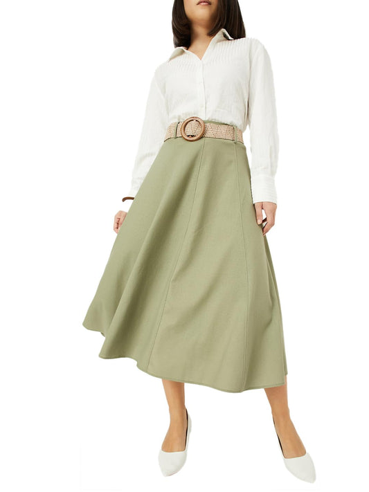 Max Women Solid A-line Belted Skirt (Green_XL)