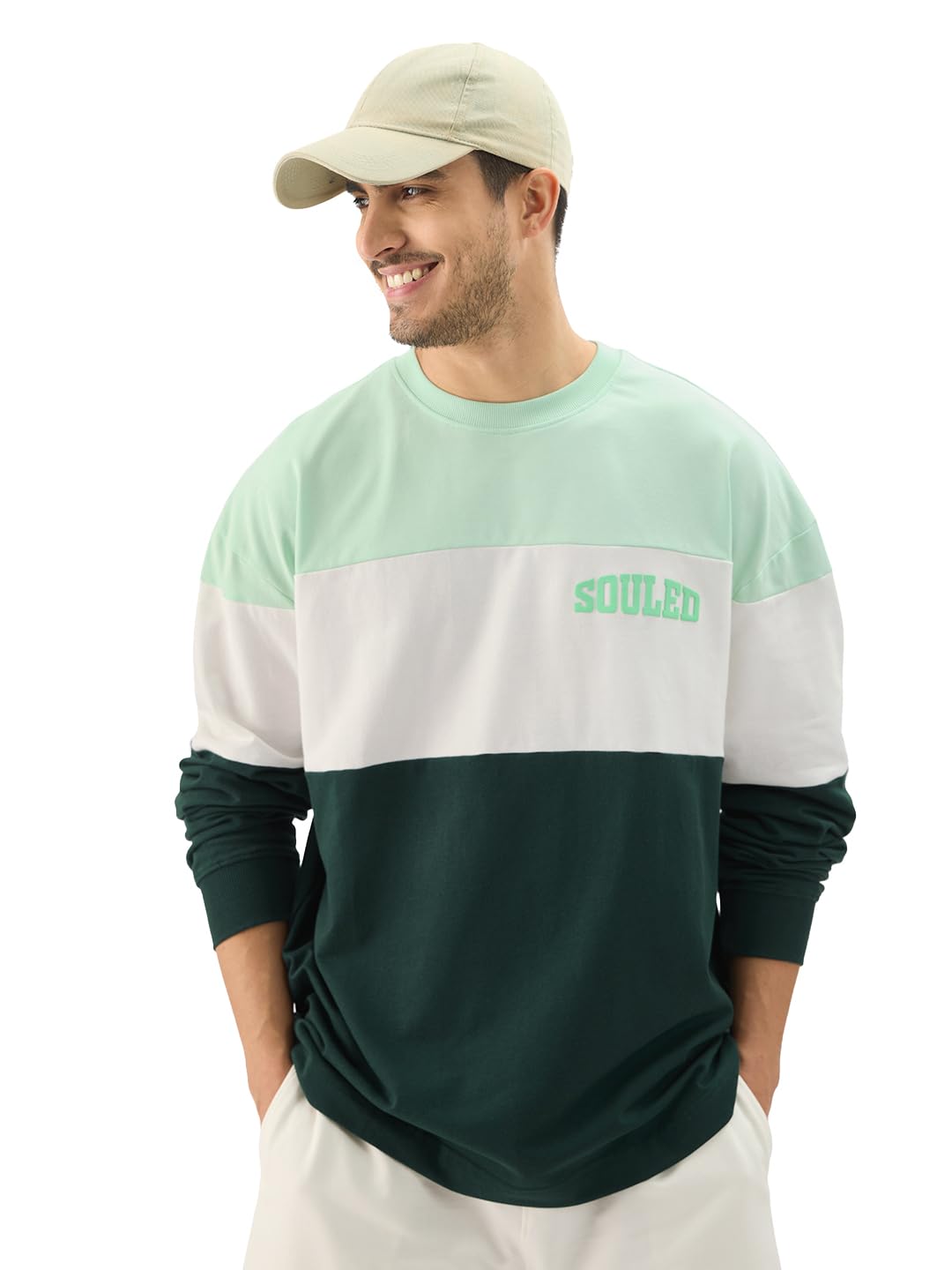 The Souled Store Jasper Men and Boys Round Neck Green and White Colorblock Full Sleeve Oversized T-Shirts Oversized Men's T-Shirts Solid Tees Casual Fashion Relaxed Fit Full Sleeves Round Neck