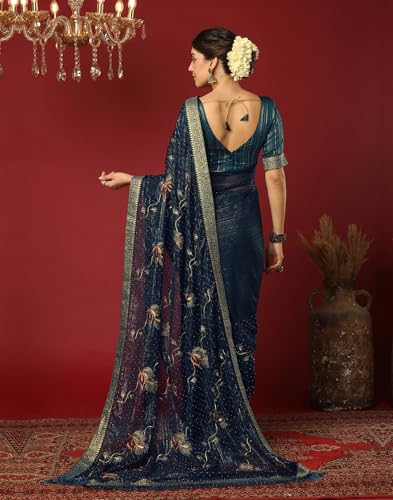 SIRIL Women's Embroidered & Stone Work Georgette Saree With Unstitched Blouse Pieces (4397S3142-Blue)