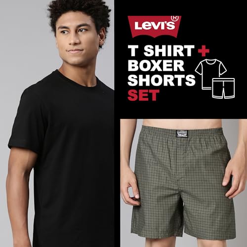 Levis' Men's Regular Fit 100% Cotton Round Neck Half Sleeve T Shirt with Checkered Boxer Shorts Set (Jet Black/Oak Check, M)