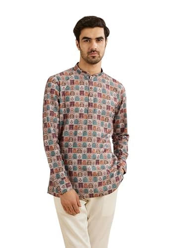 Manyavar Men's Cotton Blend Digital Print Short Kurta (Beige,L)
