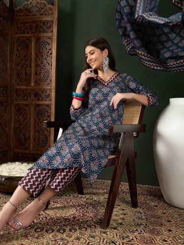 SHIENZY Cotton Blend V Neck Kurta Pant Set with Dupatta for Women | Women Kurta Pant Sets with Dupatta (1613_KBD-S)