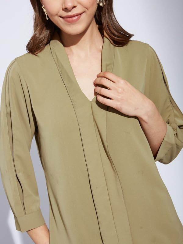 Latin Quarters Women Beige V-Neck 3/4th Sleeve Solid Top Blouse_M