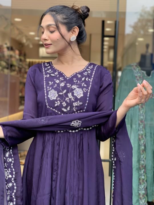 CICICA Salwar Suit Set With Dupatta For Women | Anarkali Chinon | Embroidery Set | Embroidered Suits | Flared Dress | Violet Kurta Set | Three Piece