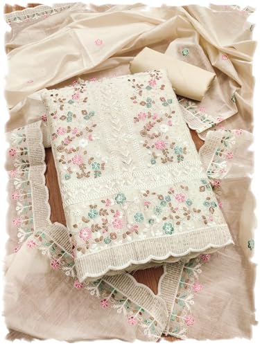 Leeli Peeri Designer Women's Chanderi Cotton Embroidery Work Unstitched Salwar Suit Dress Material