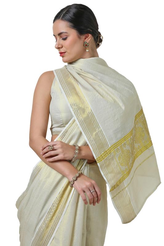 Soch Womens Cream Tissue Zari Woven Kasavu Saree