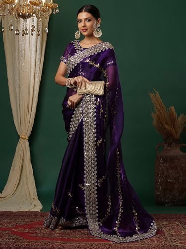 Satrani Women's Tissue Silk Sequence Embroidery Work Scalloped Border Saree with Unstitched Blouse Piece (3905S154N_Midnight Purple)