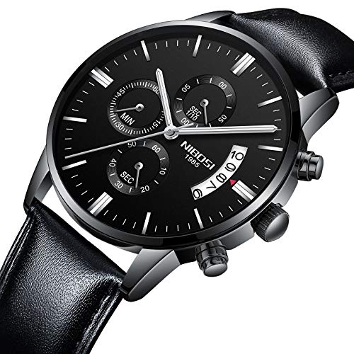 NIBOSI Watches Men Sport Quartz Watches Waterproof Chronograph Wrist Watch Gift Three-Eye 6-Pin Solid Leather Belt Watch | Gift for Men for Birthday and Rakhi (L-BBS)