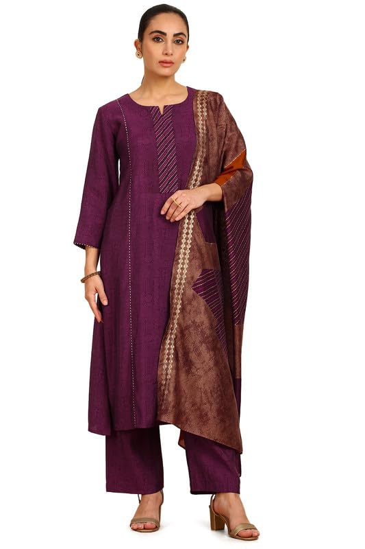 Soch Womens Wine Ethnic Print Notched Neck Muslin Blend Suit Set