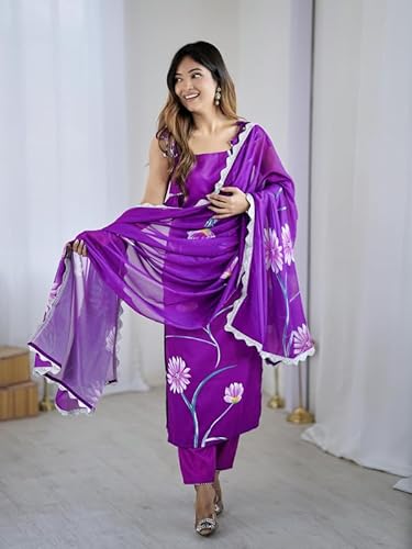 AVYUKTHA | Women Floral Embroidered Kurta with Pyjamas & Dupatta | Thread Work Ethnic Kurta Set for Women | Festive & Daily Purple | Size- M