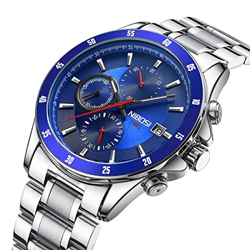 NIBOSI Ultra-Thin Minimalist Fashion Quartz Analog Sleek Mesh Stainless Steel Waterproof Chronograph Watch For Men With Auto Date Wrist Watch Boy's Husband Steel Strap (Blue)