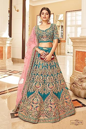 Zeel Clothing Teal Heavy Embroidered Velvet Semi-Stitched Lehenga Choli For Women (7419-Teal-Wedding-Bridal-Latest-New; Teal_Free Size)