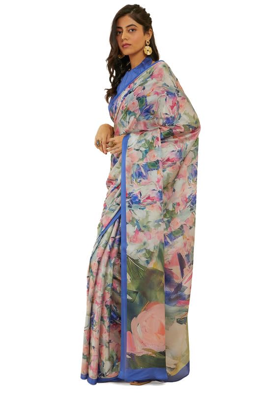 Soch Womens Blue Floral Print Crepe Saree