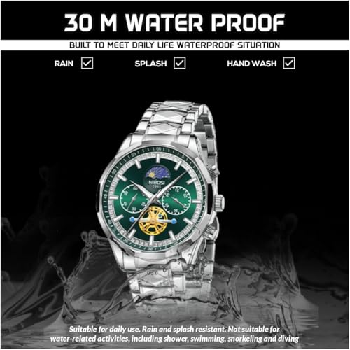 NIBOSI Chronograph Fly Wheel Watch For Men Analog Quartz Dress Diamond Business Stainless Steel Watches Date Luxury Men's Wristwatch|Birthday Gift For Men|Gift For Husband,Brother (Silver-Green)