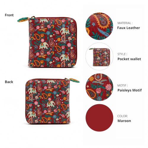 Chumbak Women’s Wallet – Paisley Blossoms Collection, Vegan Leather Square Wallet with Coin Pouch, Zipper Closure & Card Slots – Maroon Stylish Purse