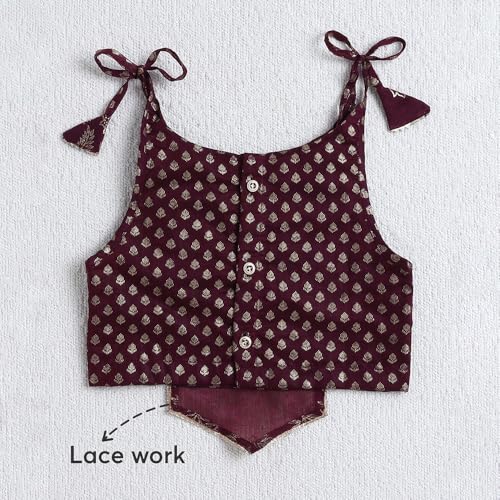 Hopscotch Girls Sleeveless Red 3-Pc Shoulder Tie-Up Lehenga Set For Age (5-6 Years)
