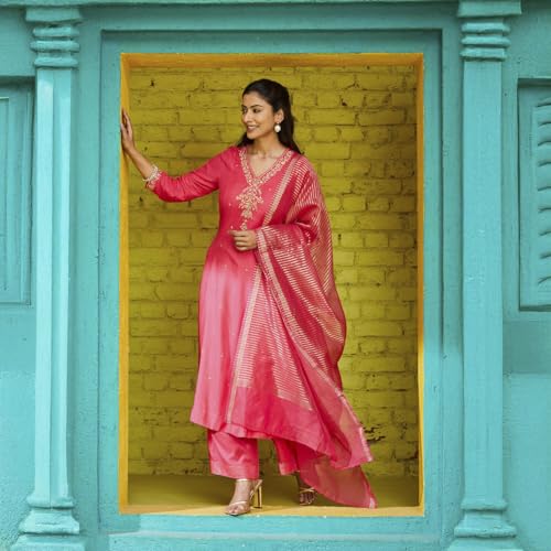 BIBA Women Rayon Straight Suit Set (SKDRIVAYAT9536SS24FUS_Pink