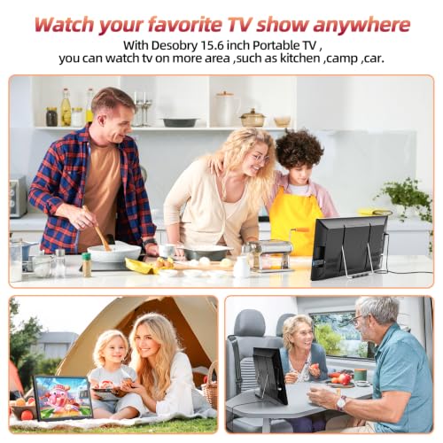 Desobry Portable TV 15.6 inch 1080P Rechargeable Battery TV with DVB-T2 Tuner, Support USB HDMI AV input, 12v tv for campervan/caravan/camping/motorhomes