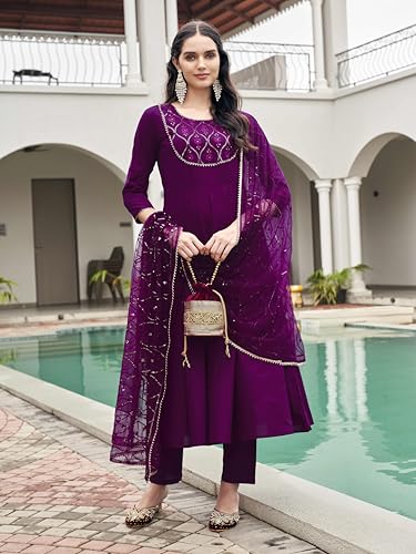 Womanista Women's Wine Color Pure Cotton Sequinns Embroidered Flared Kurta set(Kurtaset_1368_L)