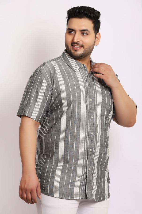 Plus Size White &Black Half Sleeve Cotton/Linen Shirt with Patch Pocket (7XL)