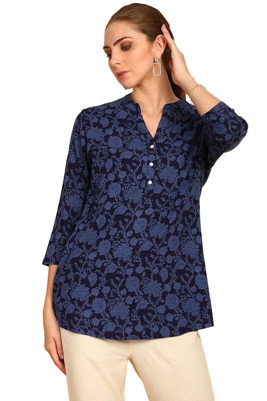 Soch Womens Navy Blue Floral Printed Mandarin Collar Rayon Tunic