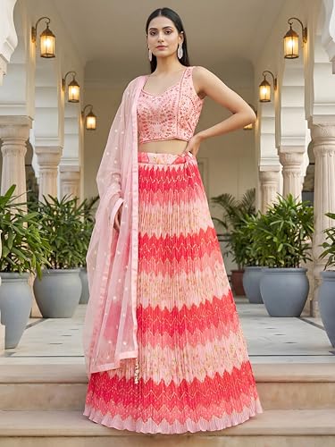 Zeel Clothing Women's Chinon Silk Embroidered Mirror Work Lehenga Choli with Dupatta (115-Pink-Women-Lehenga-Choli-Set; Free Size; Pink)
