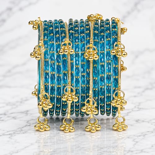 Nakabh Kashmiri Ghangharoo Glass Bangles Set for Women | Light Weight Bangles | Traditional Transparent Fancy Glass Chudi Set for Wedding, Party(Set Of 16) (Firozi, 2.4)
