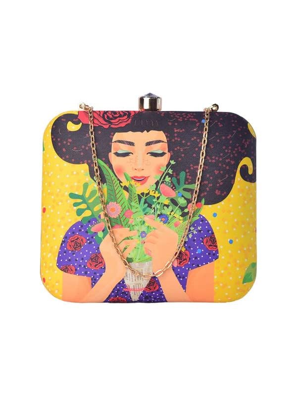 Artklim Fancy Floral Princess Printed Clutch On Bright Yellow Background