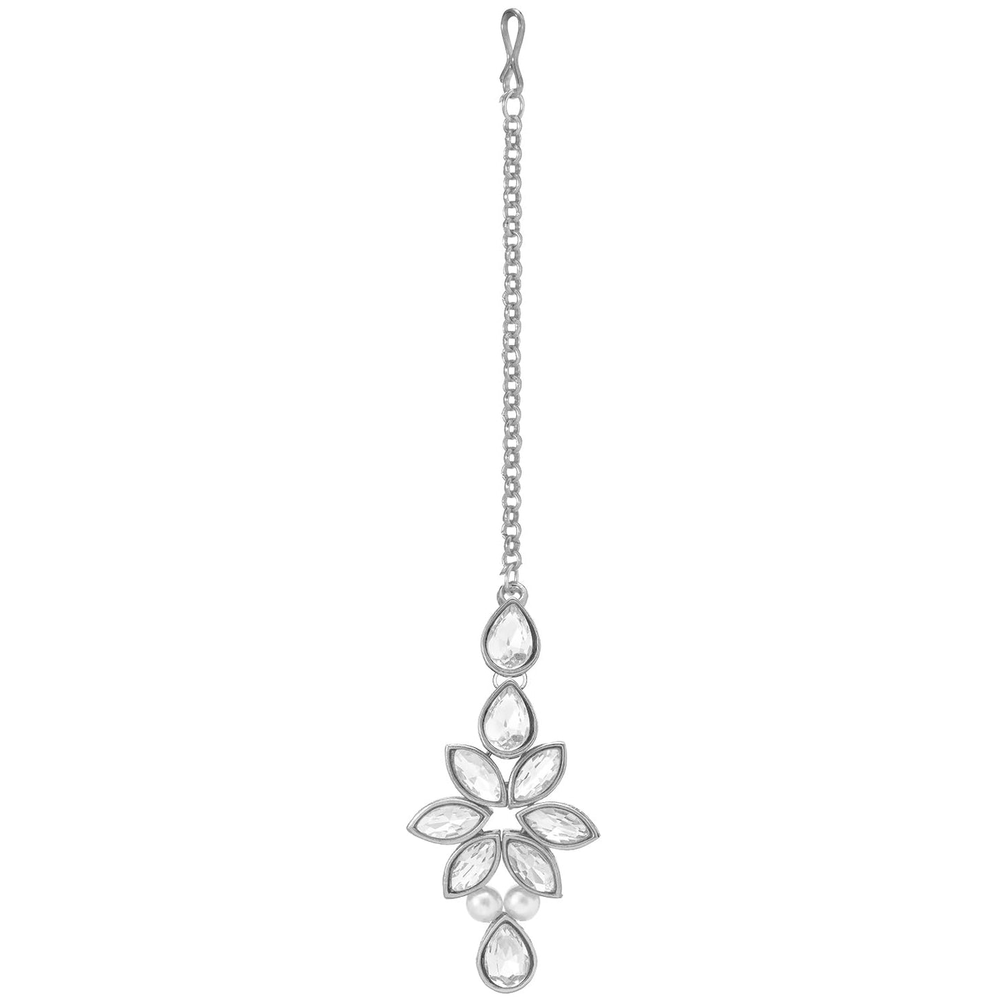 Peora Silver Plated Crystal & Beads Studded Necklace Earrings Maangtikka Set Ethnic Jewellery for Women
