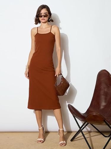 barcino Brown Rib Strappy Slip-on Dress