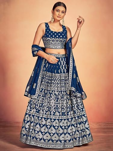 Zeel Clothing Women's Pure Georgette Semi-stitched Sequins Thread Embroidered Work Lehenga Choli With Dupatta (5117-Blue--Lehenga-Choli-New; Free Size)