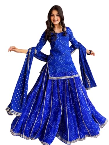Women's Bandhani Printed Kurta Set With Dupatta And Sharara
