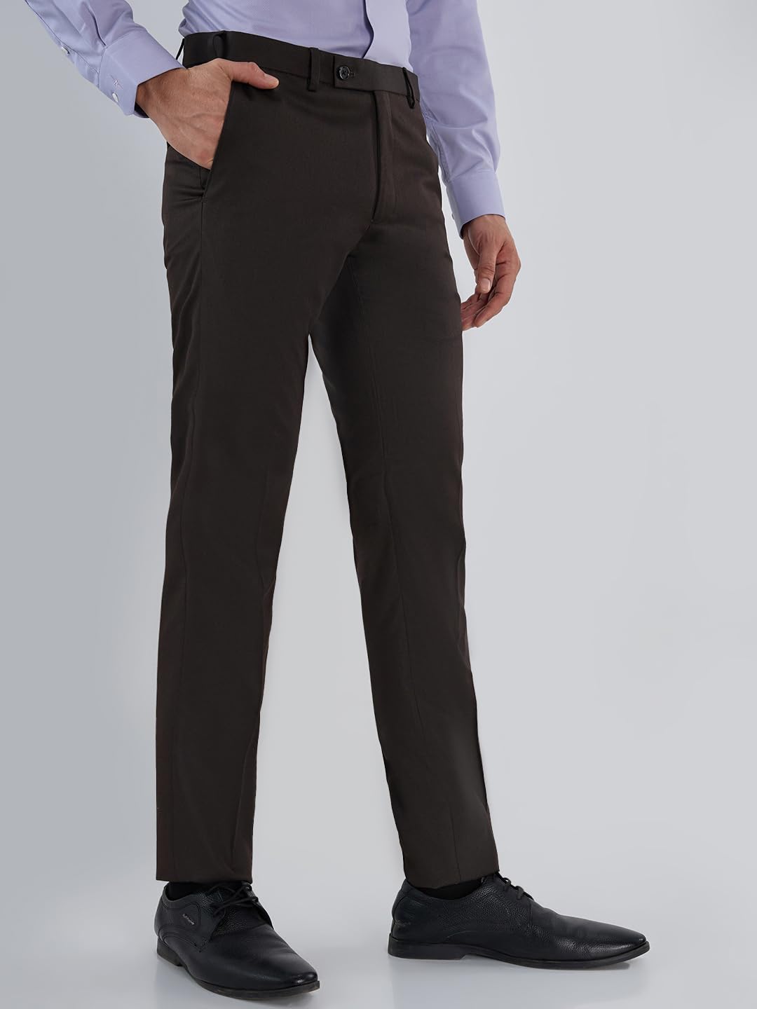Park Avenue Men Slim Fit Structure Pattern Poly Viscose Blend Flat Front Formal Trouser Dark Brown