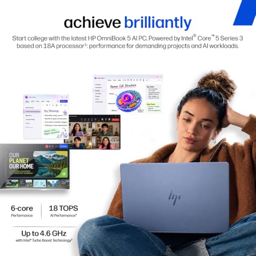 HP OmniBook 5 ● Intel Core 5 Series 3 Processor 320 ● 8GB LPDDR5 ● 512GB SSD ● 2K OLED● Gorilla Glass 3 ● 14''/35.6cm● Win11● Office24● Blue ●1.16kg ● mh0067TU● GaN Charger ● 42hrs Battery ● AI Laptop
