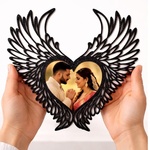 MP Personalized Heart Shape Photo Frame with Angel Wings, Black, Wall Decor, Wedding Couple Gift