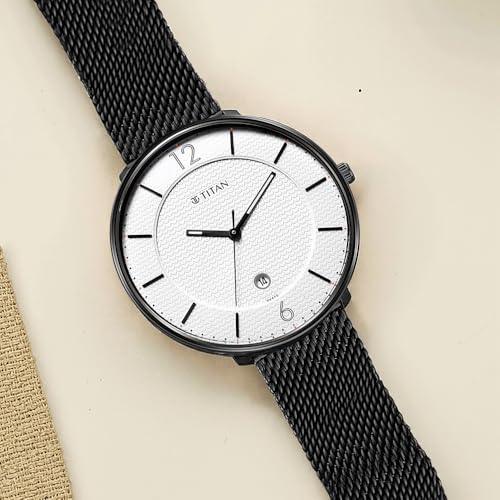 Titan Minimalist Quartz Analog with Date White Dial Black Stainless Steel Strap Watch for Men - NT1849NM01