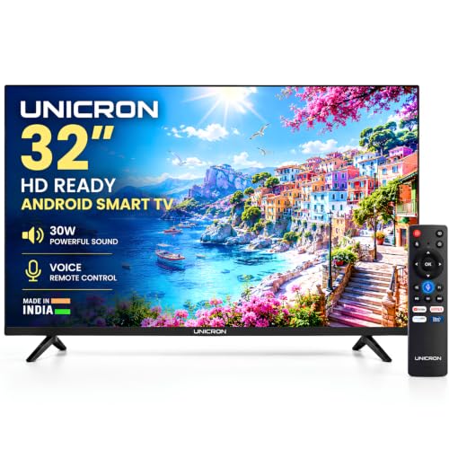 UNICRON 32 Inch Android Smart TV with Voice Control Remote, HD Ready LED Television 30W Sound in Built Speaker, WiFi & Apps Compatible (Netflix, Prime), Mobile Screencast