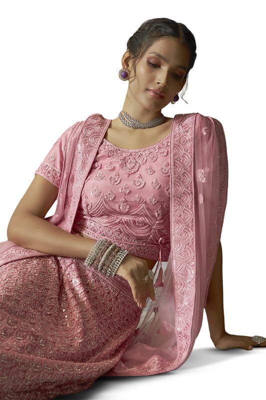 Soch Womens Pink Net All-Over Sequin Embellished Unstitched Lehenga Set with Belt