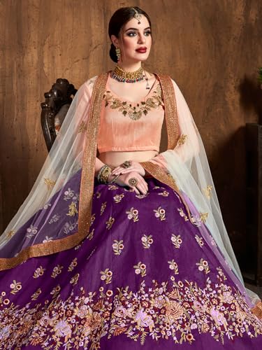 Zeel Clothing Women's Sequins Resham Thread Embroidery Raw Silk New Semi Stitched Lehenga Choli With Dupatta (7013-Purple-Wedding-Stylish-Lehenga-Choli; Free Size)