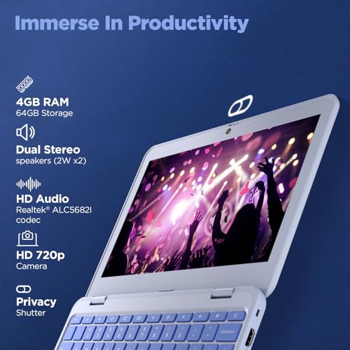 Lenovo {SmartChoice Chromebook, Intel Celeron N4500, 4GB RAM, 64GB eMMC, HD, 11.6"/29.46cm, Chrome OS, Blue, 1.21Kg, 2Wx2 Stereo Speakers, HD Camera, 82UY0014HA, Laptop