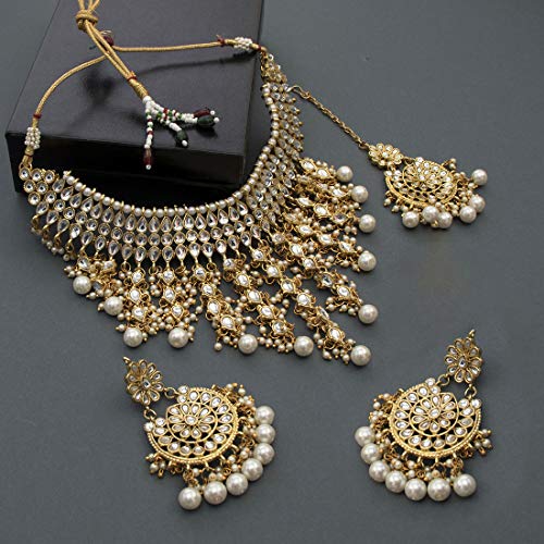 Peora Kundan Pearl White Choker Necklace Earrings Maang Tikka Women