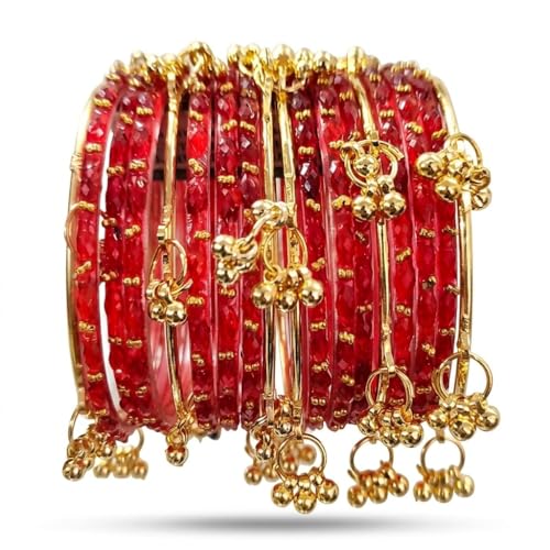 MM JEWELS Kashmiri Red Glass Bangles Set with Ghungroo Latkan for Women & Girls | Traditional Gold-Plated Bridal Churi set for Wedding & Festival | Ethnic Handcrafted Jewelry with Jingle Bell Hangings (Set of 16) (Red, 2.4)