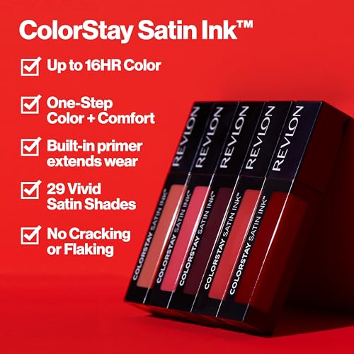 REVLON ColorStay Satin Ink Crown Jewels Liquid Lipstick, Longlasting & Waterproof Lipcolor, Moisturizing Creamy Formula Infused with Black Currant Seed Oil, 034 Regal Ruby, 0.17 fl oz.