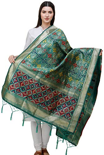 Exotic India Brocade Dupatta from Gujarat with Brocade Weave - Color Juniper GreenColor Free Size